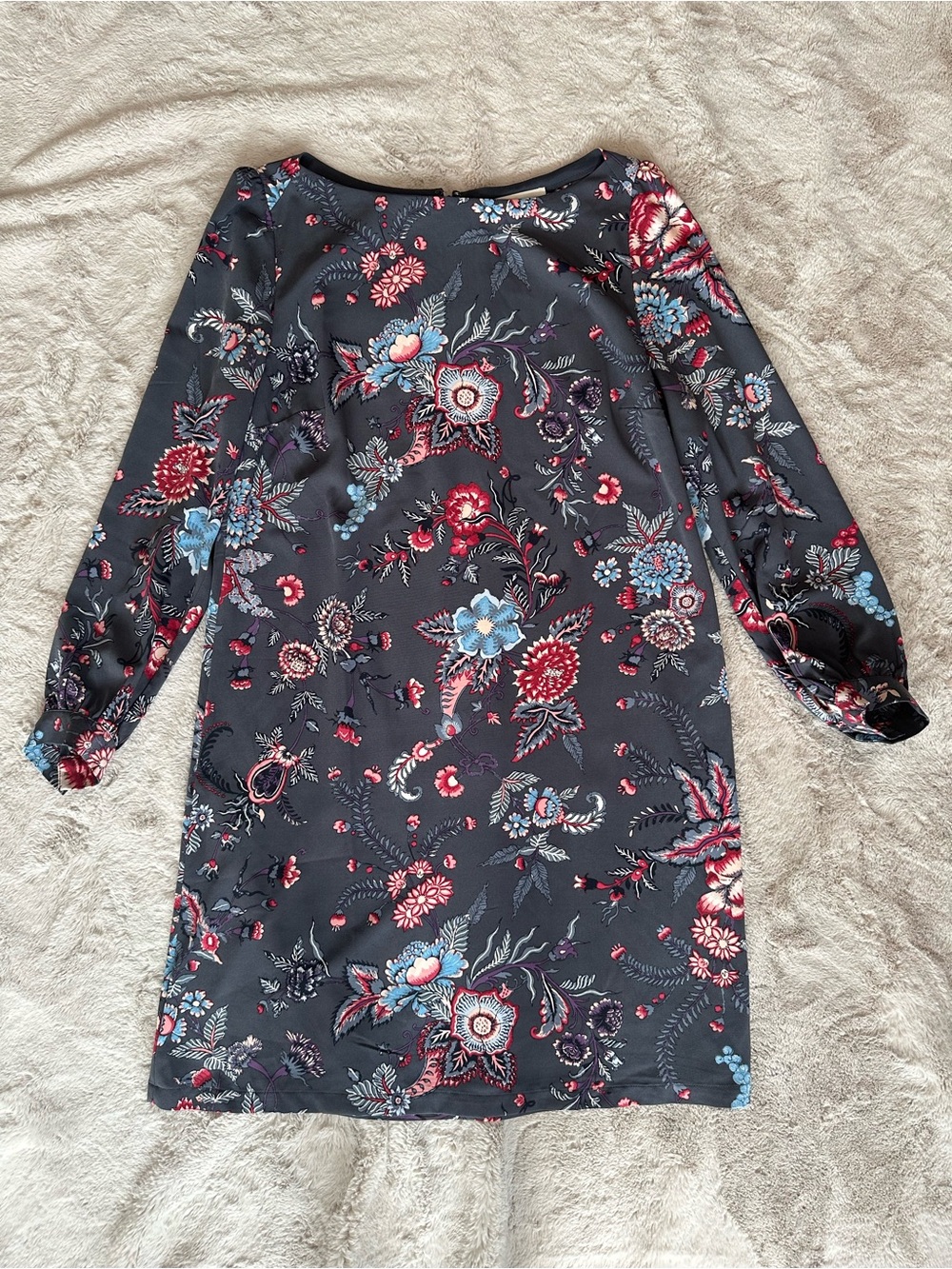 LOFT Gray Noveau Garden Floral Long-Sleeve Shift Dress; Size 10